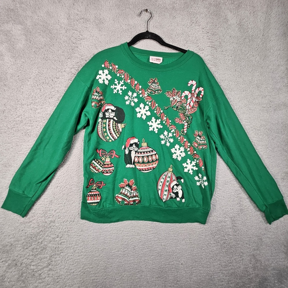 Vtg Nut Cracker Sweater Womens M Kitten Snow Ugly‎ Sweater Christmas Festive